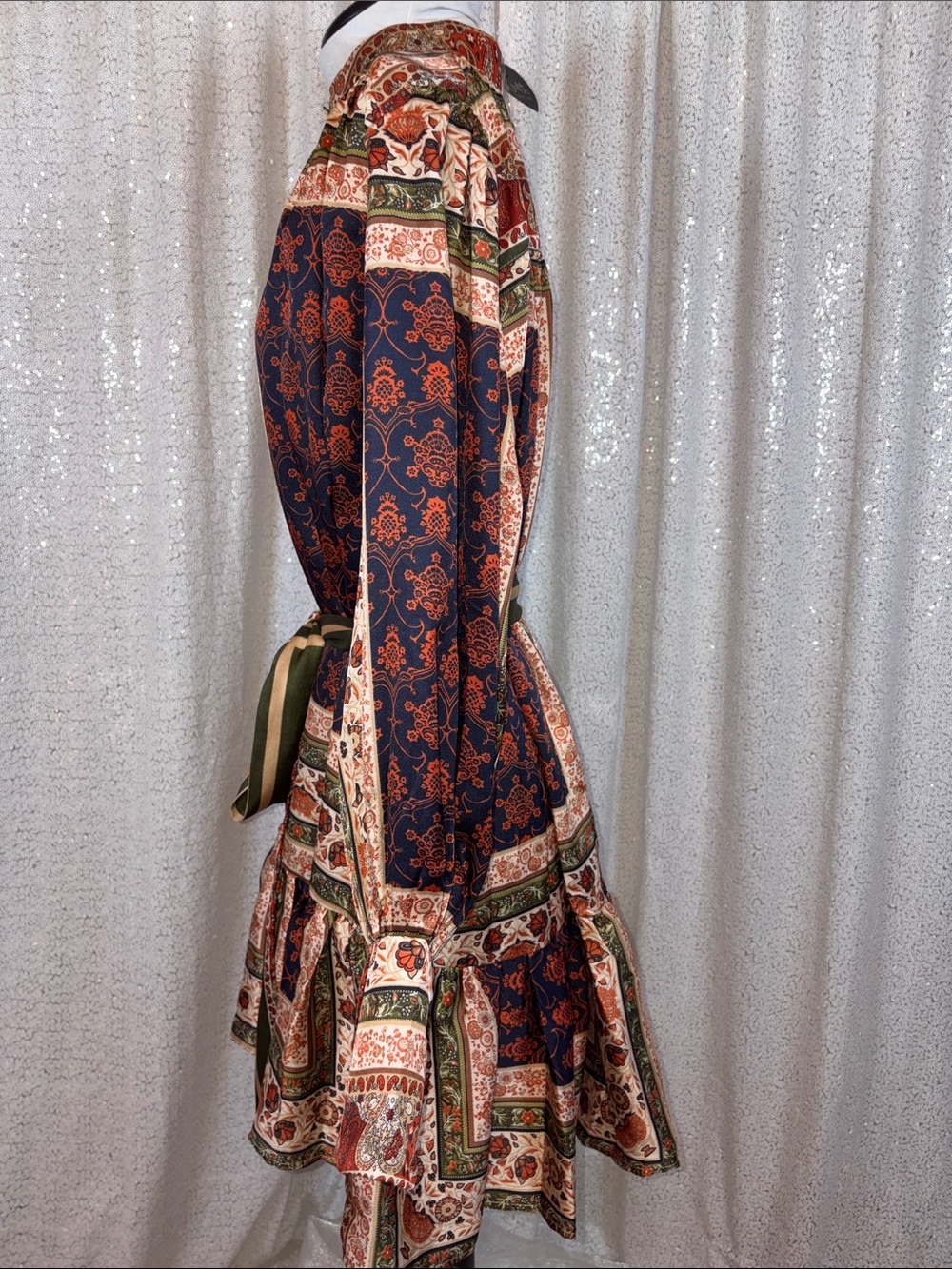 Pearl-Button Bohemian Satin Drop Waist Dress- Olive & Rust - Picture 4 of 7